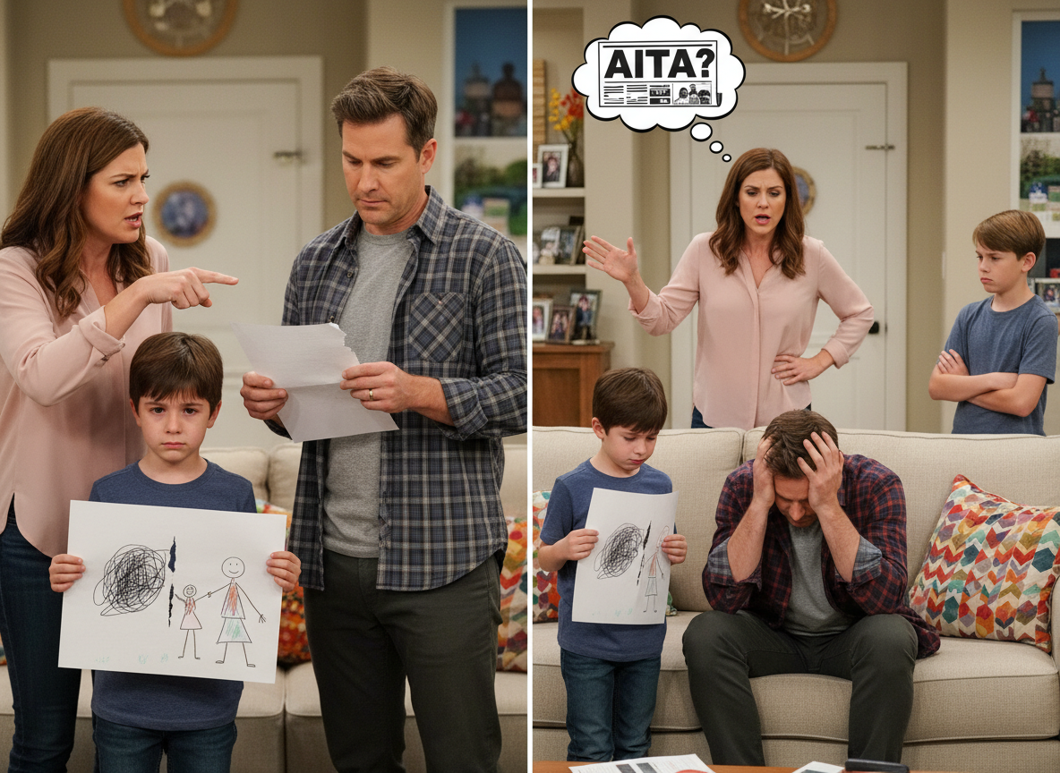 AITA for demanding my husband to apologize for ripping the picture my son drew just becausw he didn't include his step brother in it?